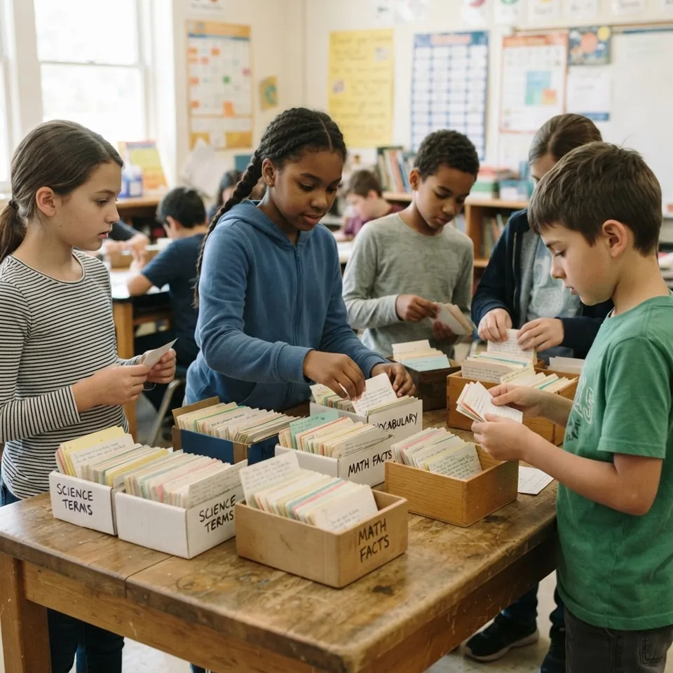 Élèves rangeant des cartes de révision dans des boites collectives en classe