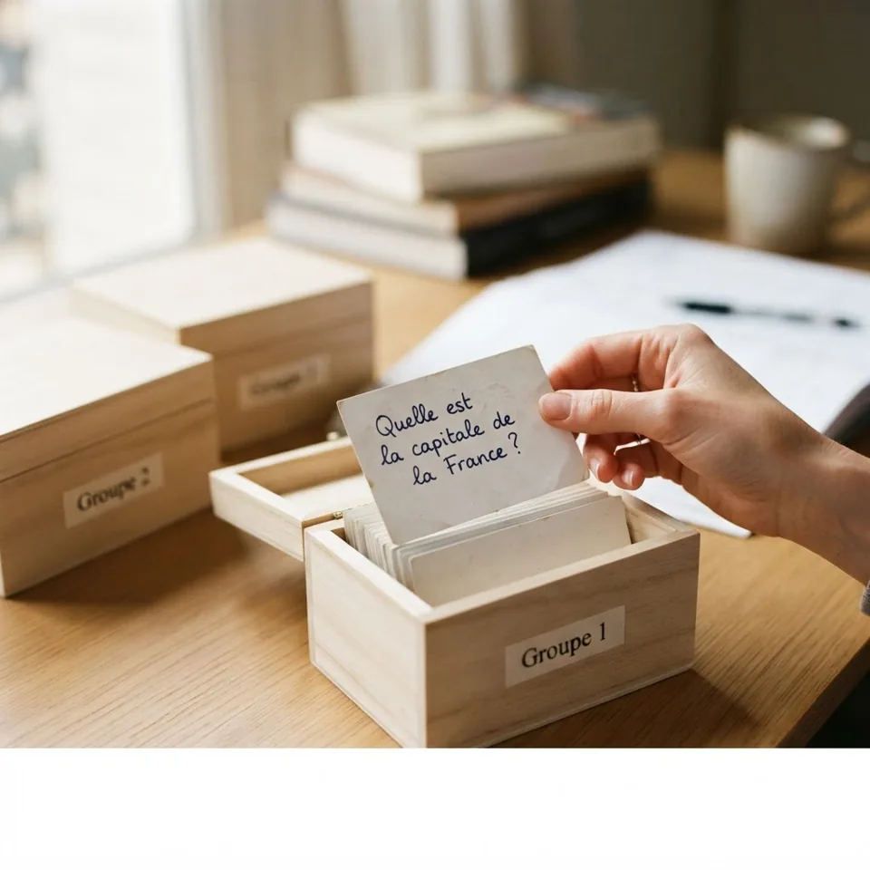 Main triant une carte flashcard avec question au recto vers un groupe