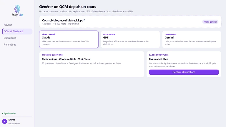 Interface StudyPulse : génération de QCM et choix du modèle IA