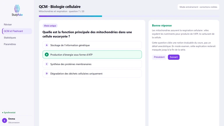 Interface StudyPulse : QCM avec correction