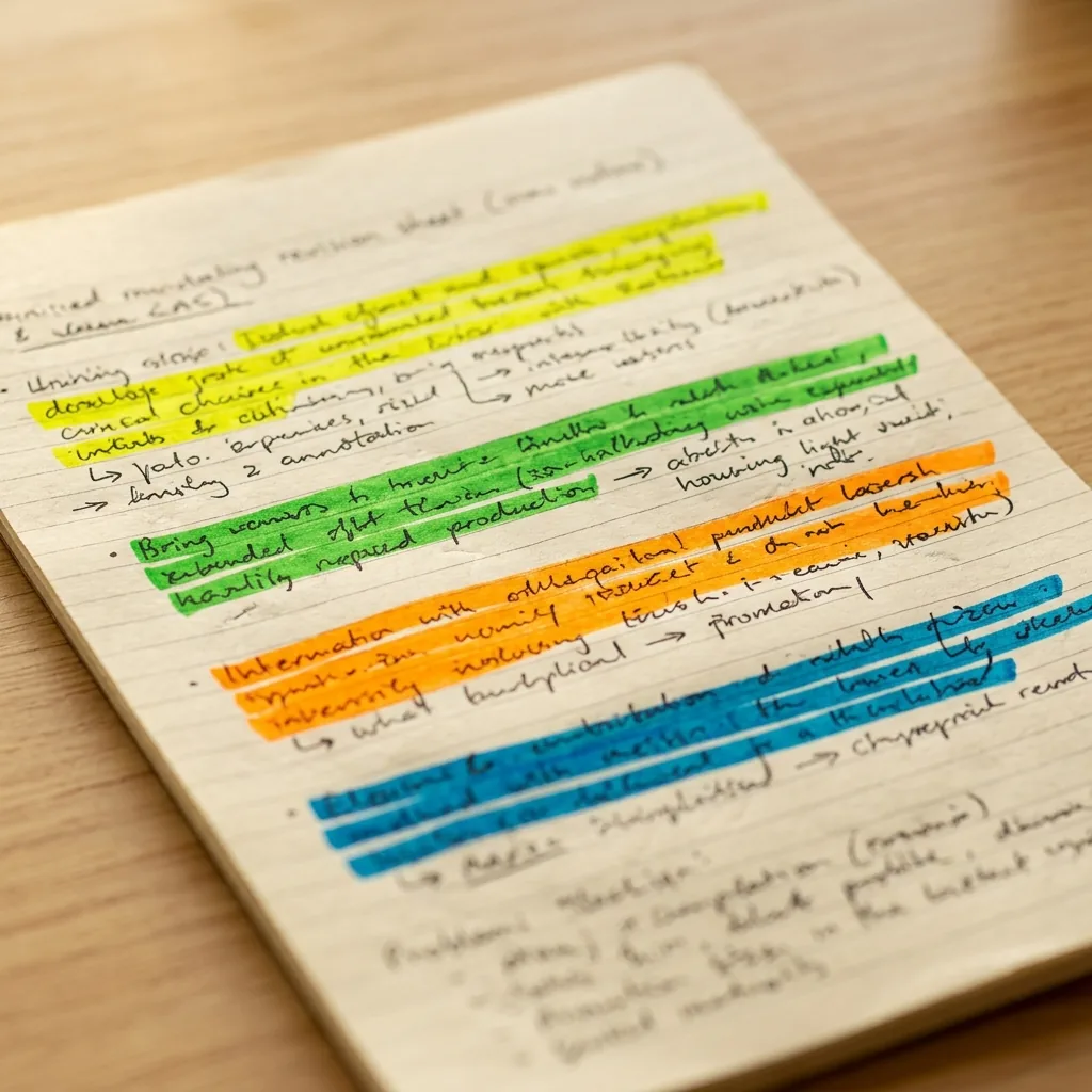 Fiche de révision manuscrite avec quatre zones surlignées en jaune, vert, orange et bleu illustrant un code couleur pour hiérarchiser les informations.