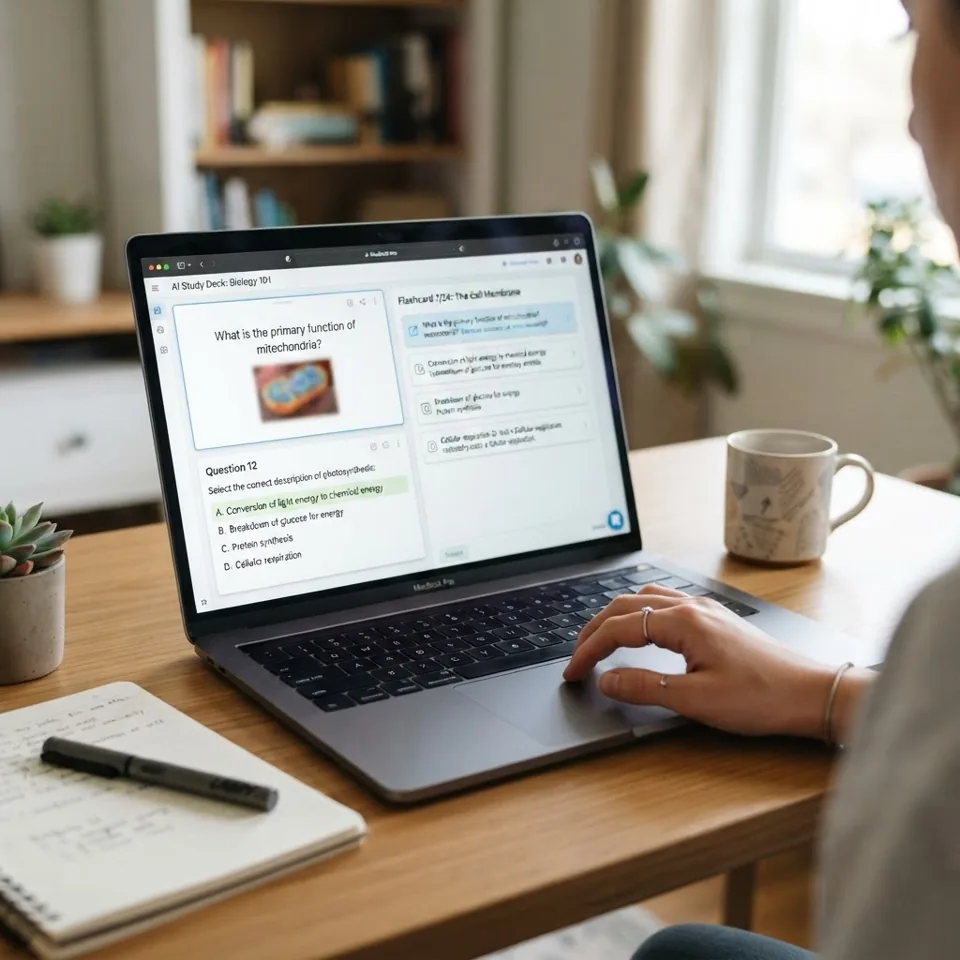 Écran affichant des flashcards générées par intelligence artificielle pour réviser
