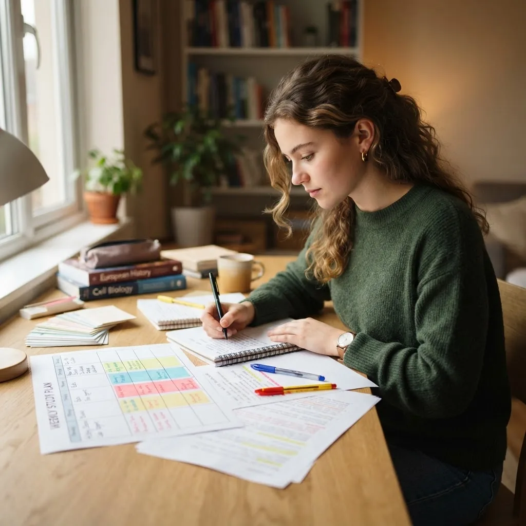 Étudiant révisant méthodiquement avec fiches et planning sur un bureau