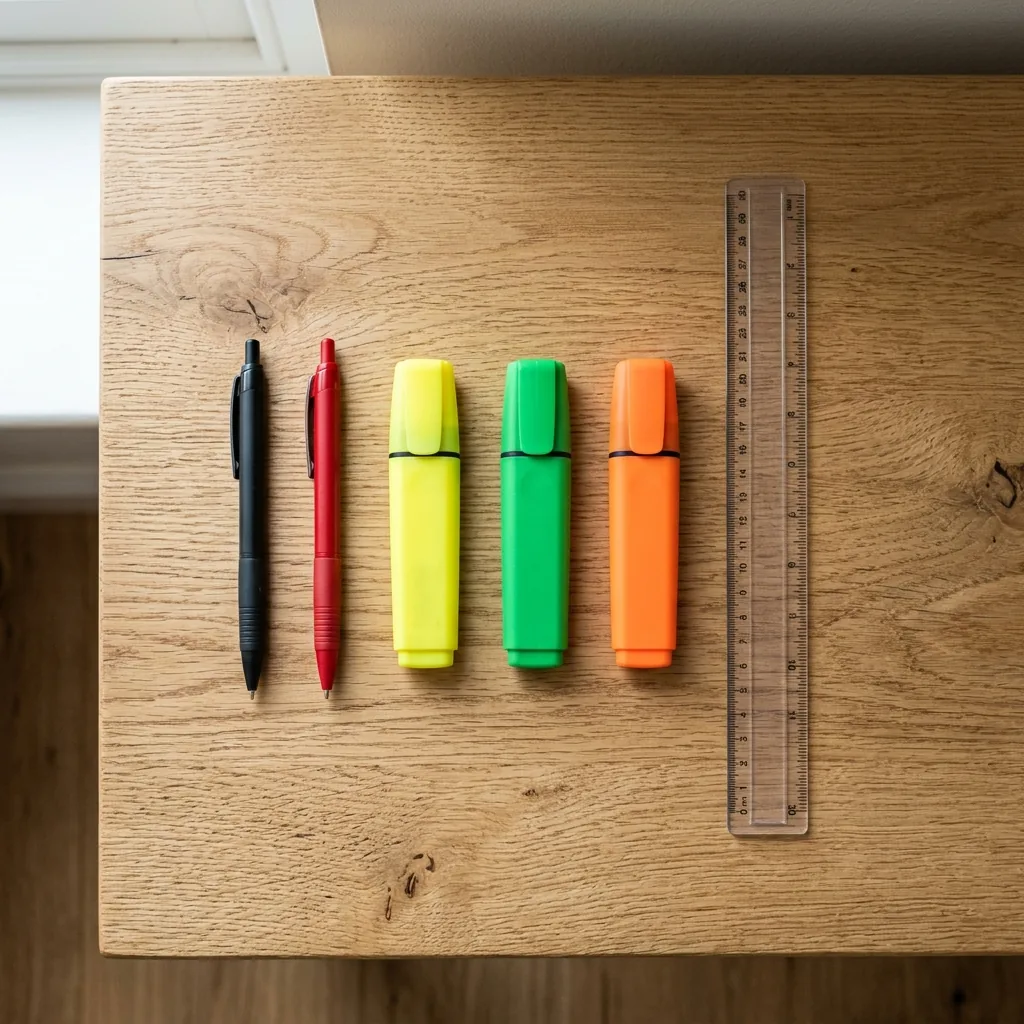 Kit de base pour fiches de révision : stylo noir, stylo rouge, trois surligneurs de couleurs différentes et une règle posés sur un bureau.