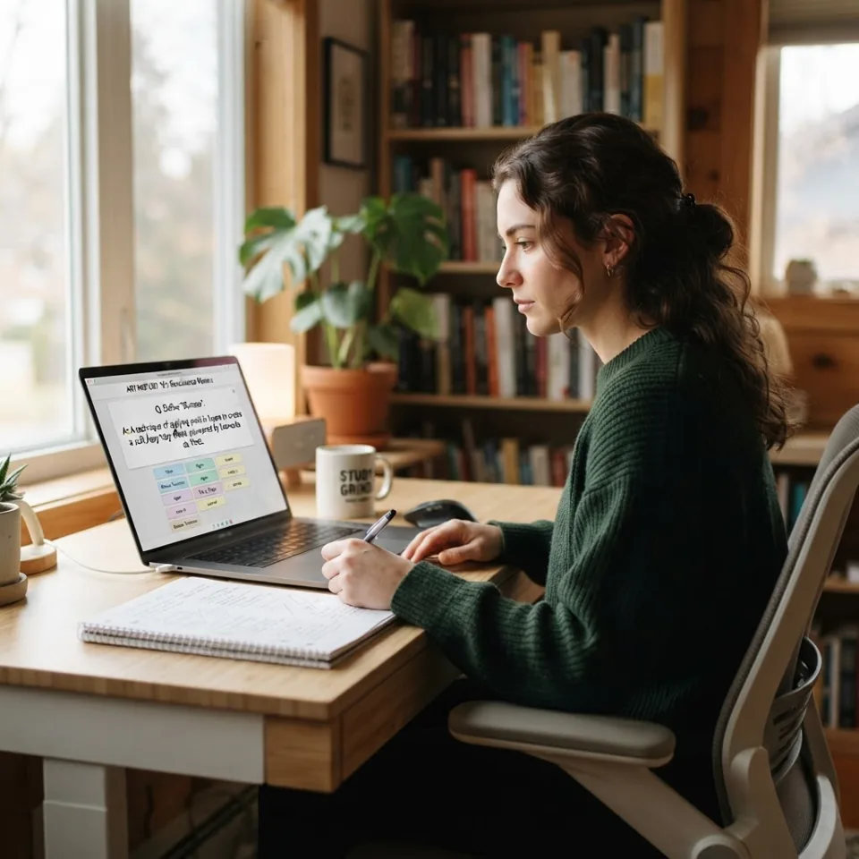 Apprenant consultant des flashcards numeriques sur un plan de revision espacee