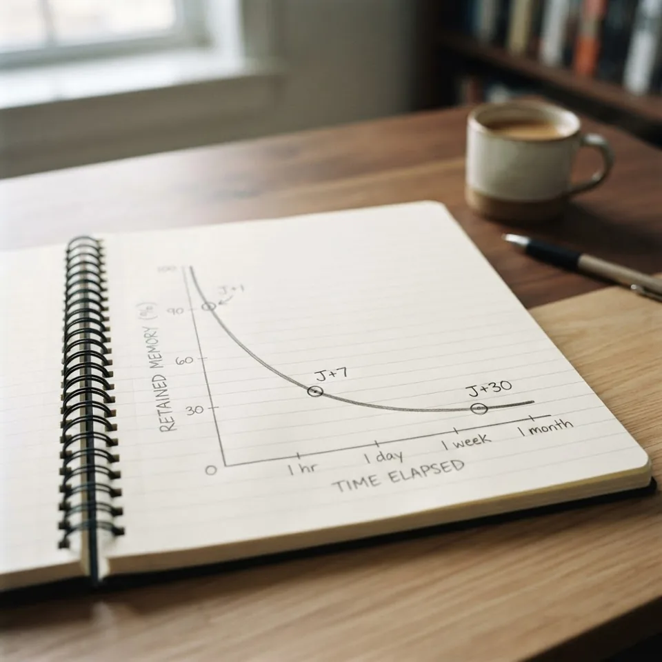 Infographie illustrant la baisse de retention memoire a J+1, J+7 et J+30